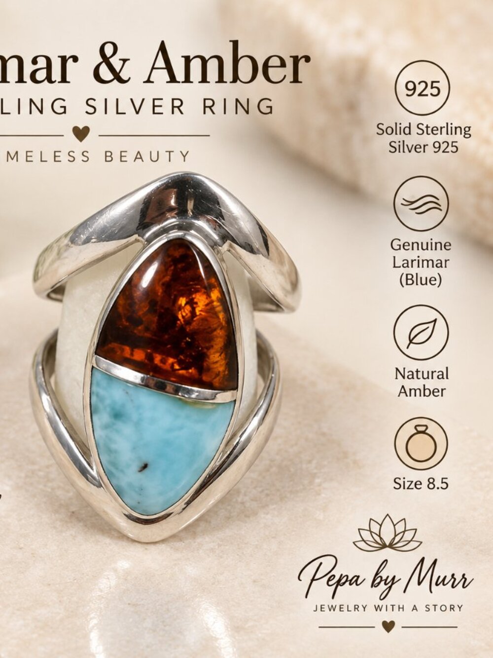 Vintage 925 Sterling Silver Larimar & Amber Statement Ring Size 8.5